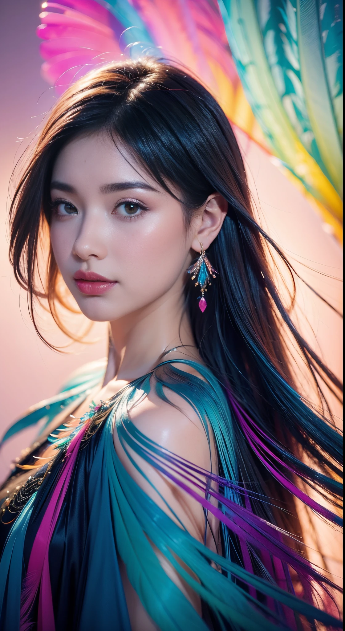 1个Giant Breast Girl,(earrings feather:1.2),(tmasterpiece, quality, Best quality at best, offcial art, Beautiful and beautiful:1.2),The  very detailed,(s fractal art:1.1),(Colorful:1.1),Feather background,