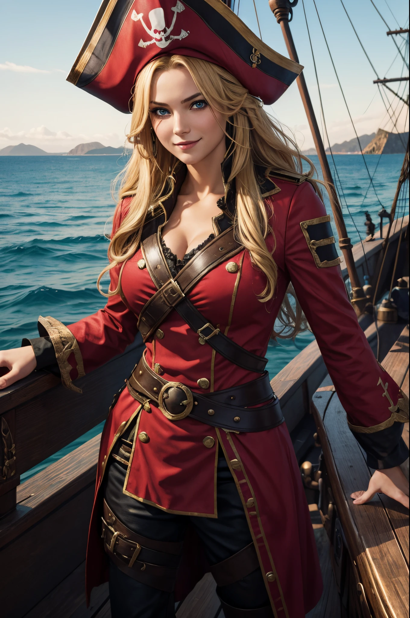8K、Captain in red pirate costume、Super beauty(Like the real thing)red and black big chest pirate costume、Realistic costume texture、Eye patch over one eye(A black)enchanted、Lifelike skin,looking at viewert,blue eyess,Blonde wavy hair,ultra-sexy,Beautiful Landscapes,Super High Resolution,reallistic,super detailing,ultra -detail,On the deck of a pirate ship,a smile,