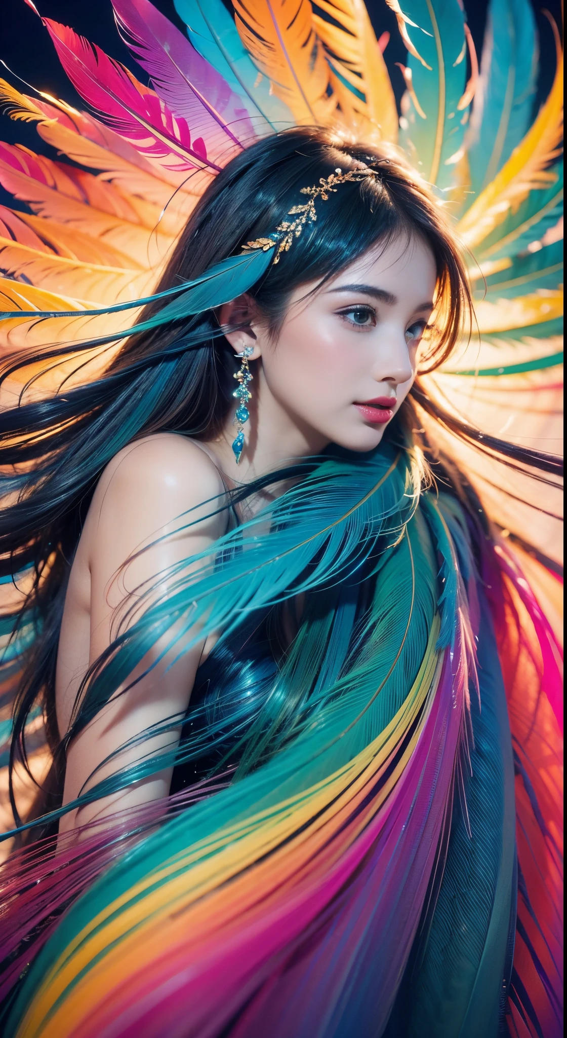 A woman with colorful hair and feathers on her head - SeaArt AI