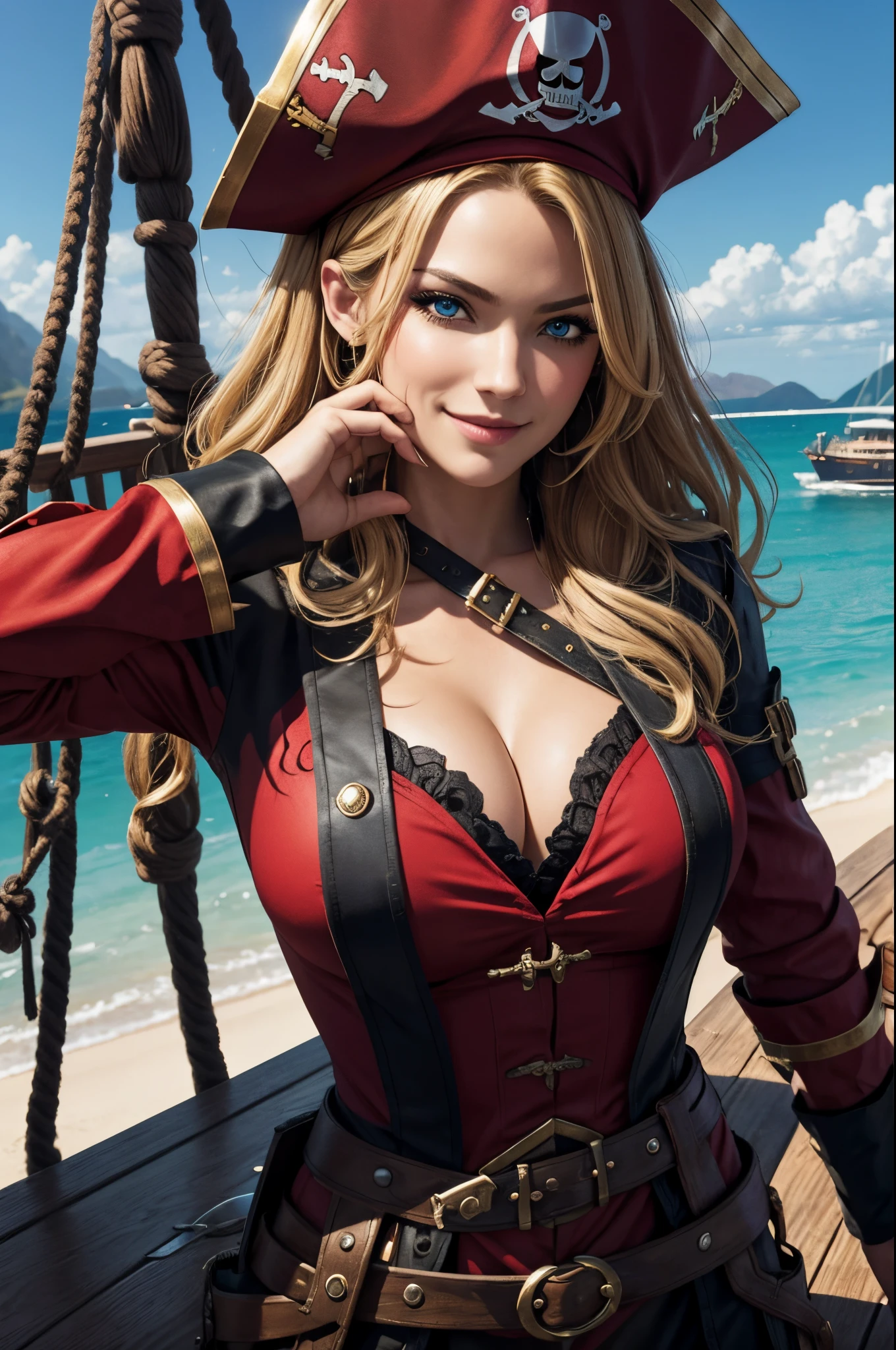 8K、Captain in red pirate costume、Super beauty(Like the real thing)red and black big chest pirate costume、Realistic costume texture、Eye patch over one eye(A black)enchanted、Lifelike skin,looking at viewert,blue eyess,Blonde wavy hair,ultra-sexy,Beautiful Landscapes,Super High Resolution,reallistic,super detailing,ultra -detail,On the deck of a pirate ship,a smile,