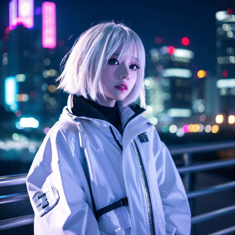 white short hair、white hair、Night city、cyberpunked、White jacket