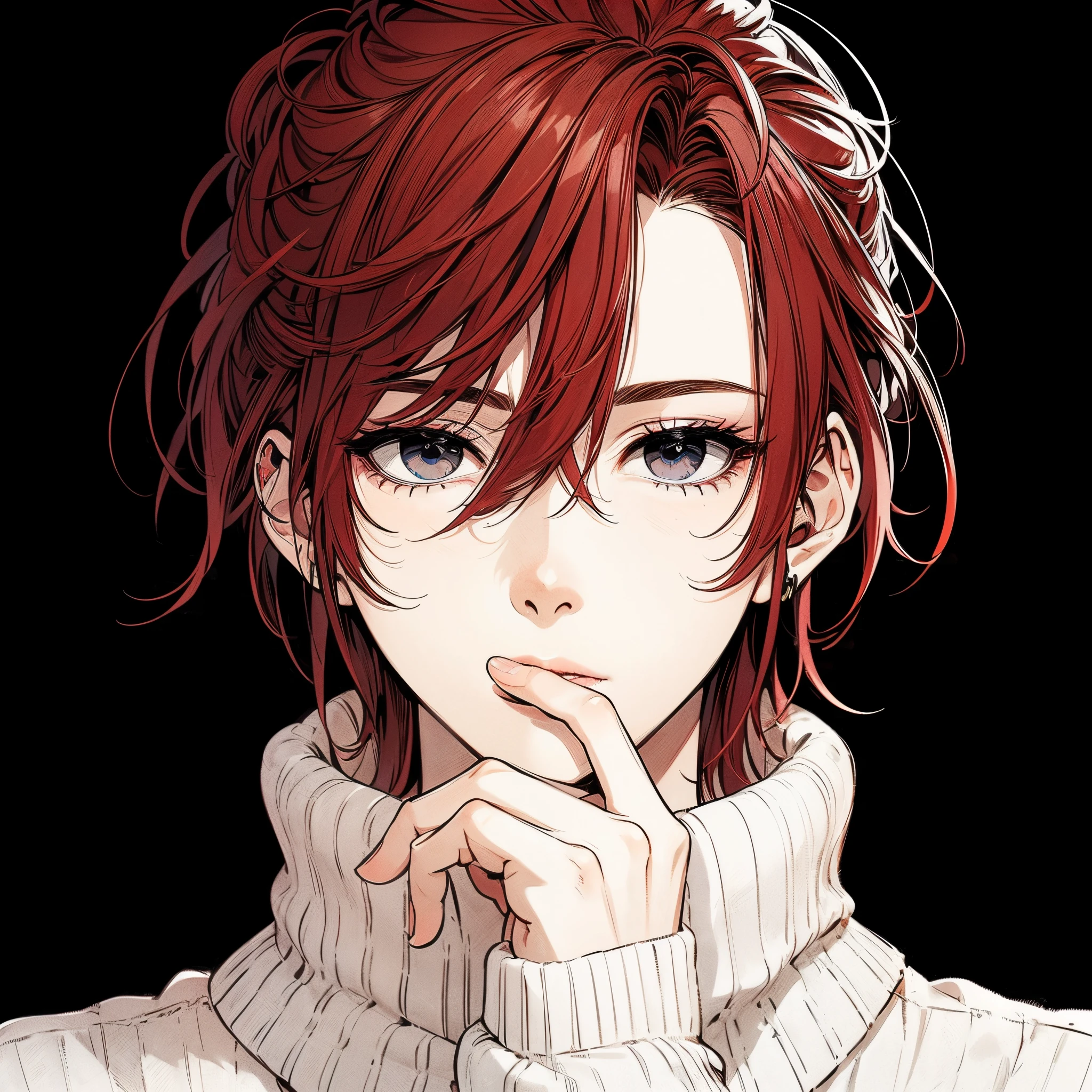 Beautiful young man with three white eyes, Red hair, (((Black eyes))), shoulder length hair, Tied hair, White High Neck Sweater, cut out the eyes, Handsome, Put your hand to your mouth,Front view, Black background, Shoulder level,High quality, amount of drawing, pixiv illustration