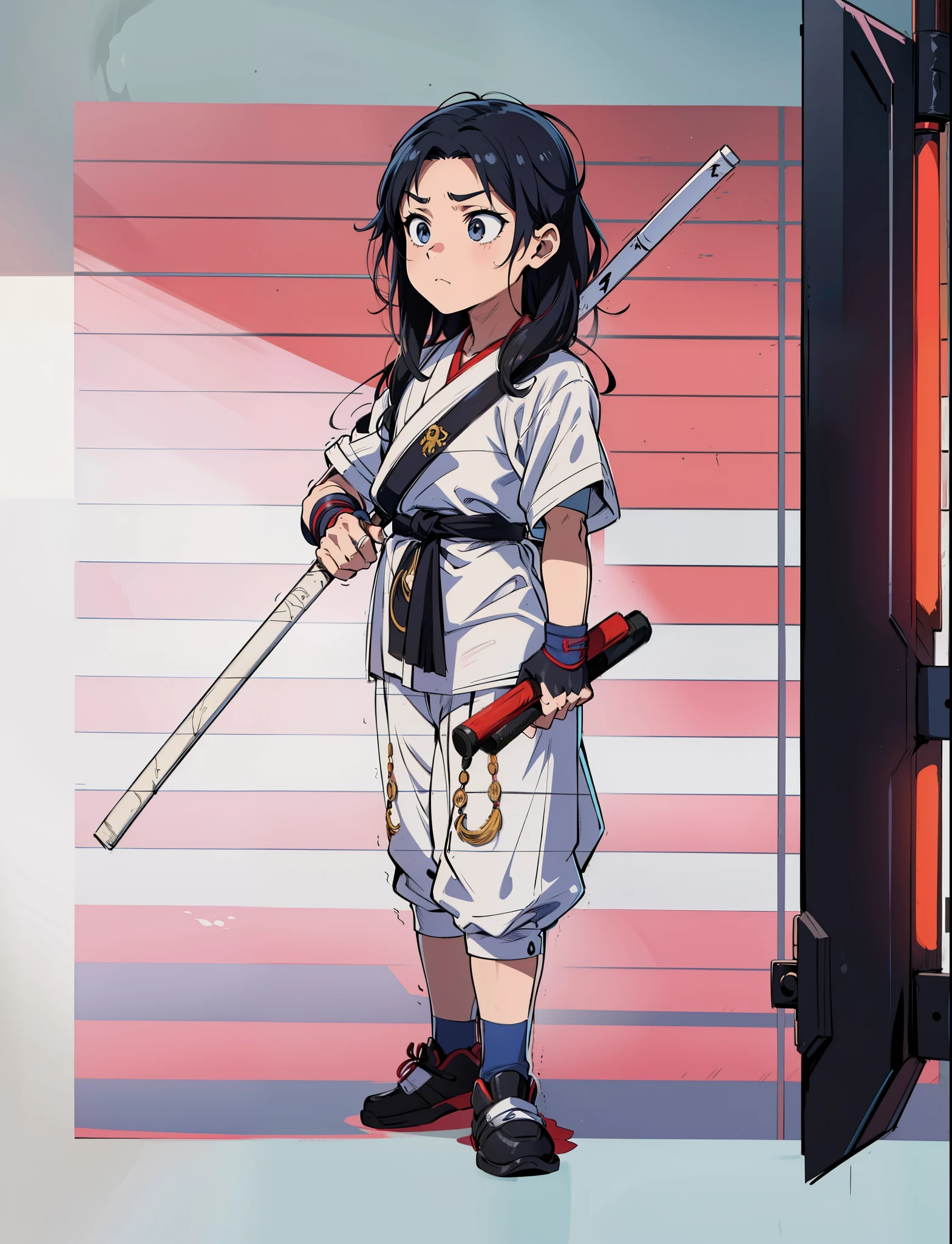 menino com roupa de karate, Staff and Nunchaku. Clima de suspense. Estilo anime de terror. cores inspiradoras. Capa de anime.