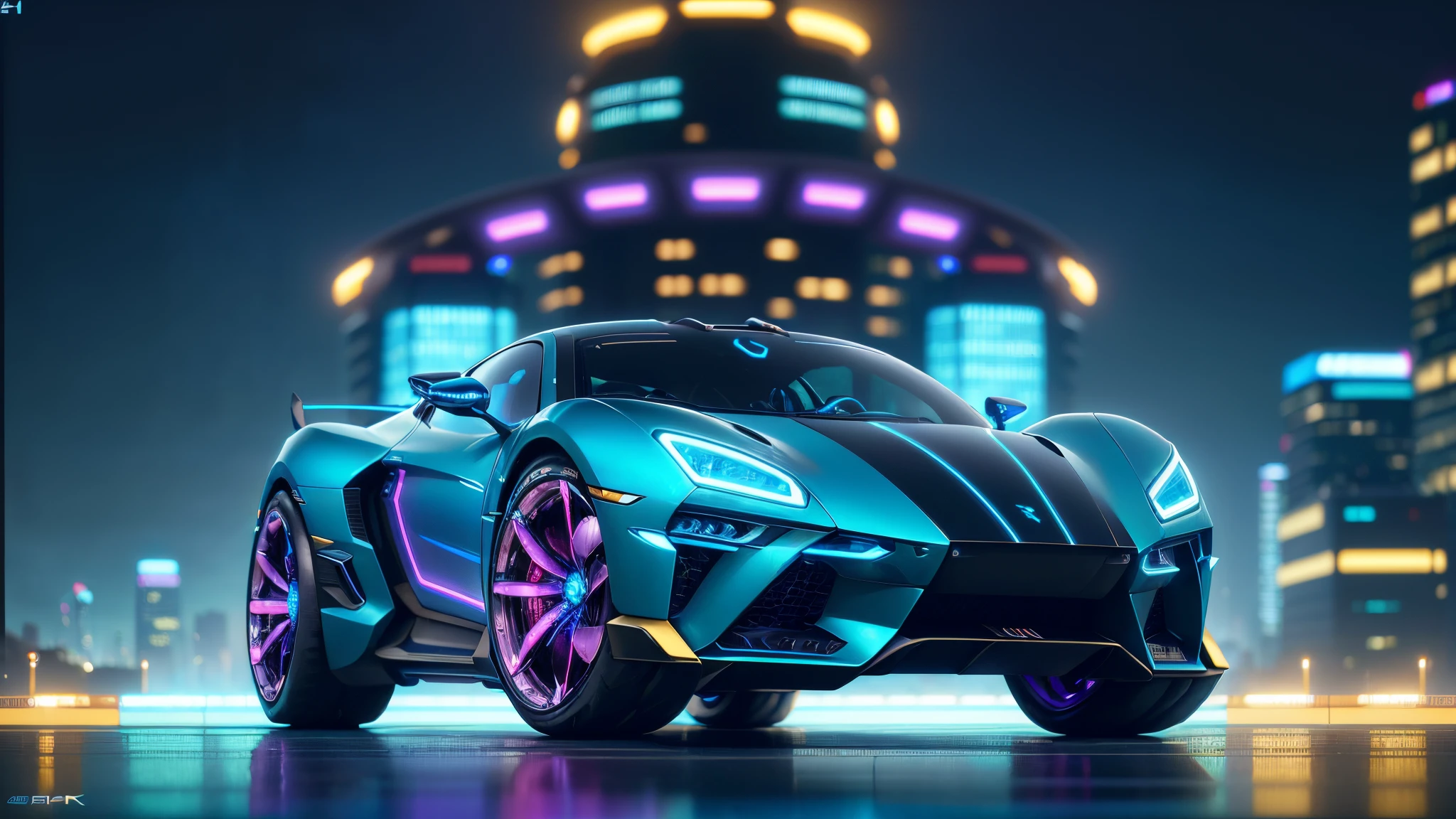 (CyberPunkAI:1.2), (BugattiAI:0.4), Sport car, (sleek symmetrical futuristic sports car:1.2) with a futuristic weapon mount, (iridescent blue:1.4) paint, (city background, at night:1.4), highly detailed rims, (glowing rims:1.2), (intricate details, golden ratio, masterpiece:1.2), (8k, photorealistic, insane quality, best quality:1.6), extremely detailed, highest detail, highly detailed, incredibly detailed