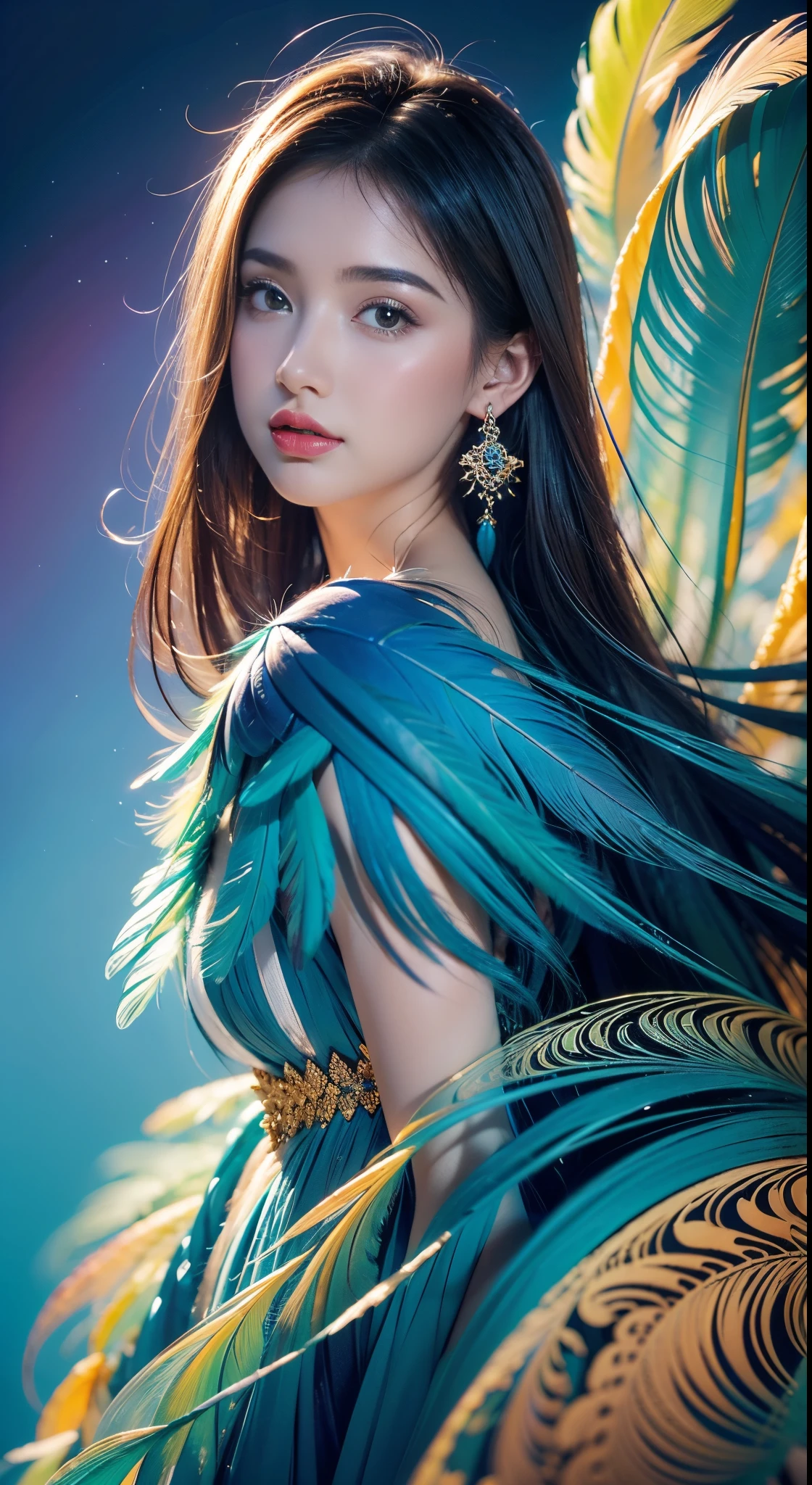 1个Giant Breast Girl,(earrings feather:1.2),(tmasterpiece, quality, Best quality at best, offcial art, Beautiful and beautiful:1.2),The very detailed,(s fractal art:1.1),(Colorful:1.1),Feather background,