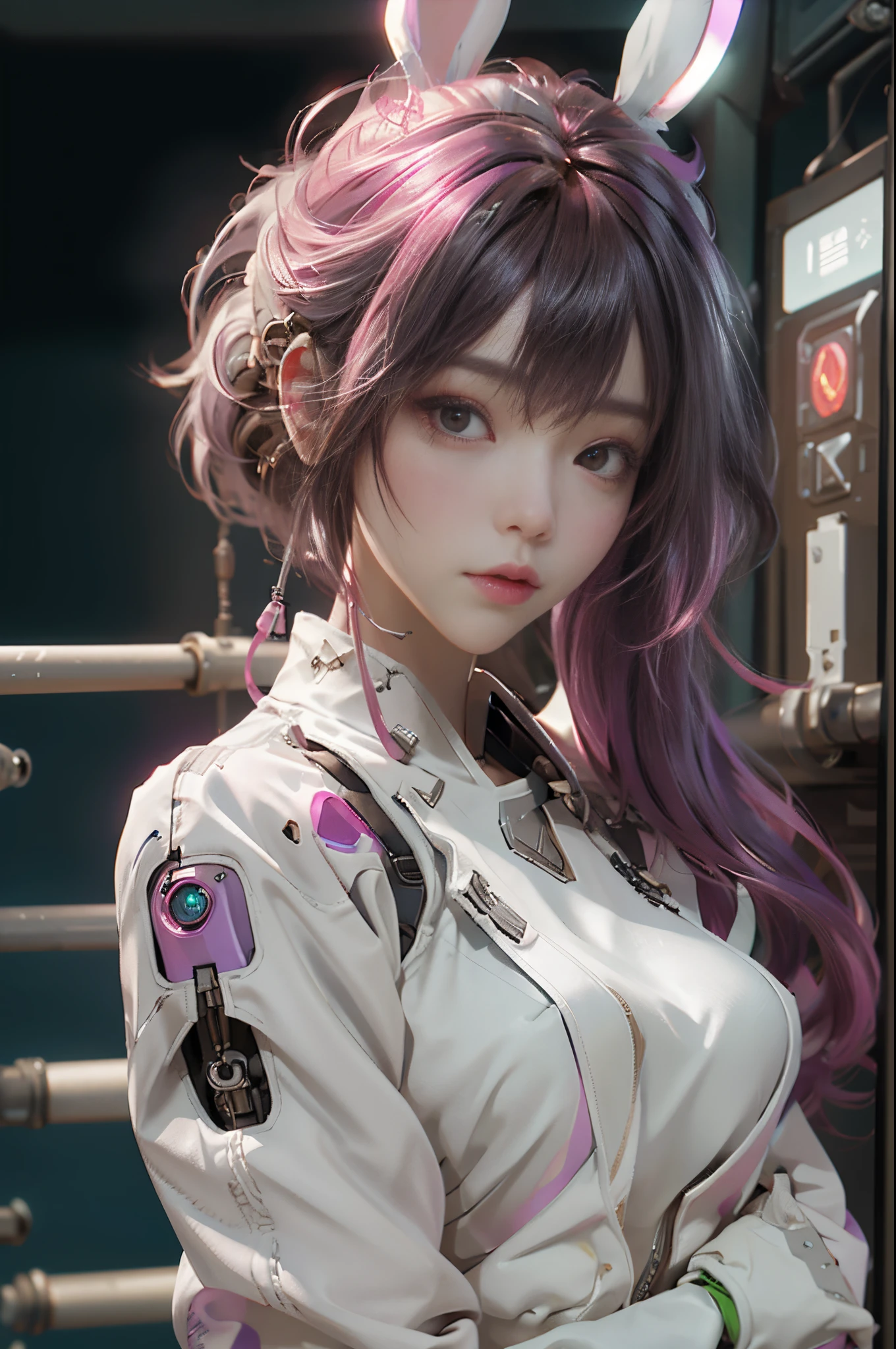 (Theme colorPink)、((best qualtiy)),Cyborg style cyborg girl,Brown hair and purple,Medium Hairstyles,Wear headphones in the shape of rabbit ears and a gas mask,There a green light on the surface of the gas mask,Dressed in a white suit,The clothes have a long pink strip of light,Pink eyelack glove),The left hand a mechanical prosthesis,The body connected by wires and pipes, ((tmasterpiece)), (detaileds:1.4), 。.。.。.3D, A beautiful cyberpunk female image,nffsw(HighDynamicRange),Ray traching,NVIDIA RTX,Hyper-Resolution,Unreal 5,Subsurface scattering、PBR Texture、post processed、Anisotropy Filtering、depth of fieldaximum definition and sharpnesulti-layer texture、Albedo e mapas Speculares、Surface Coloring、Accurate simulation of light-material interactions、perfectly proportions、Octane Render、Cyberpunk City Night、multi-colored neon lights、Large aperture、Low ISO、White Balance、The Rule of Thirds、8K Raw、