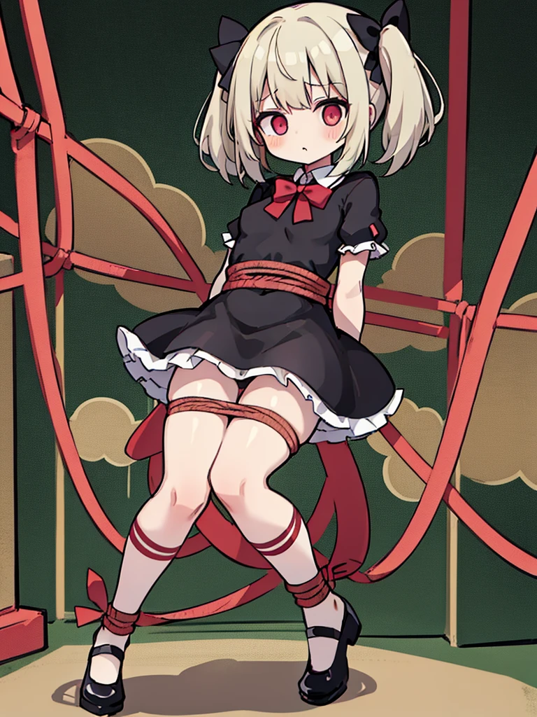 , small breasts, full body, (BDSM), ((rope)), startled, Black bowknot