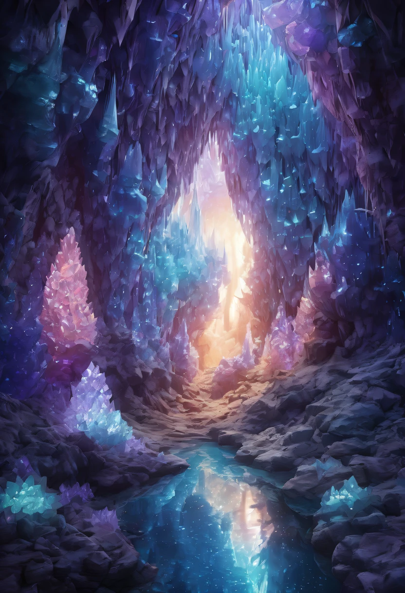 Fantasy cave walls made of mineral crystals,covered with precious crystals, crystal cluster, s fractal art,subsurface, exploration, Glowing crystal, fluorite crystal,associated mineral crystals , Enigmatic Atmosphere, Sparkling crystals, Natural Crystal, sparkling reflections, underground lake, Hidden treasure, mineral structure