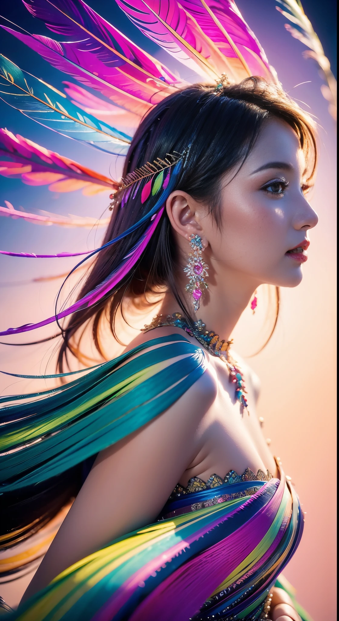 1个Giant Breast Girl,(earrings feather:1.2),(tmasterpiece, quality, Best quality at best, offcial art, Beautiful and beautiful:1.2),The very detailed,(s fractal art:1.1),(Colorful:1.1),Feather background,