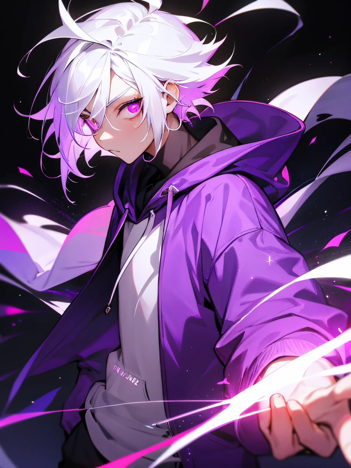 Boy with white hair and sparkling purple glowing eyes wearing a stylish fashion hoodie