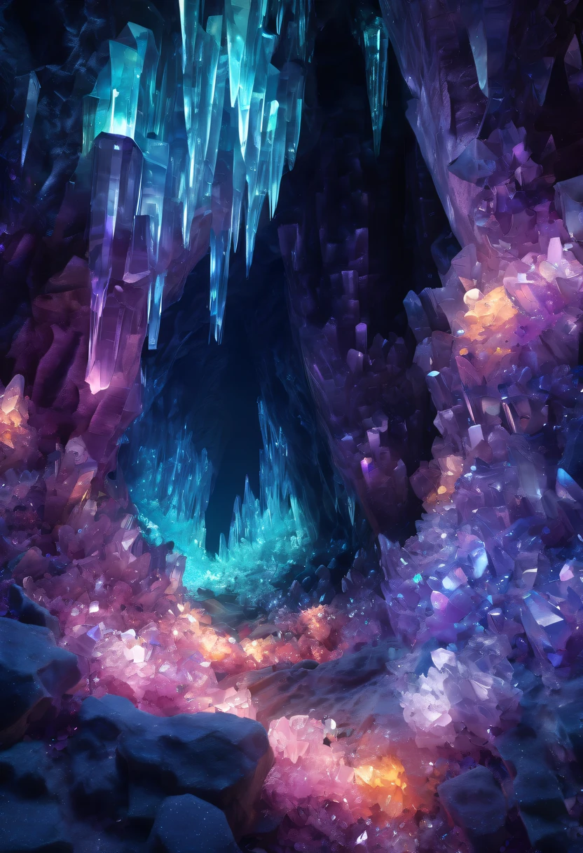 Fantasy cave walls made of mineral crystals,covered with precious crystals, crystal cluster, s fractal art,subsurface, exploration, Glowing crystal, fluorite crystal,associated mineral crystals , Enigmatic Atmosphere, Sparkling crystals, Natural Crystal, sparkling reflections, underground lake, Hidden treasure, mineral structure