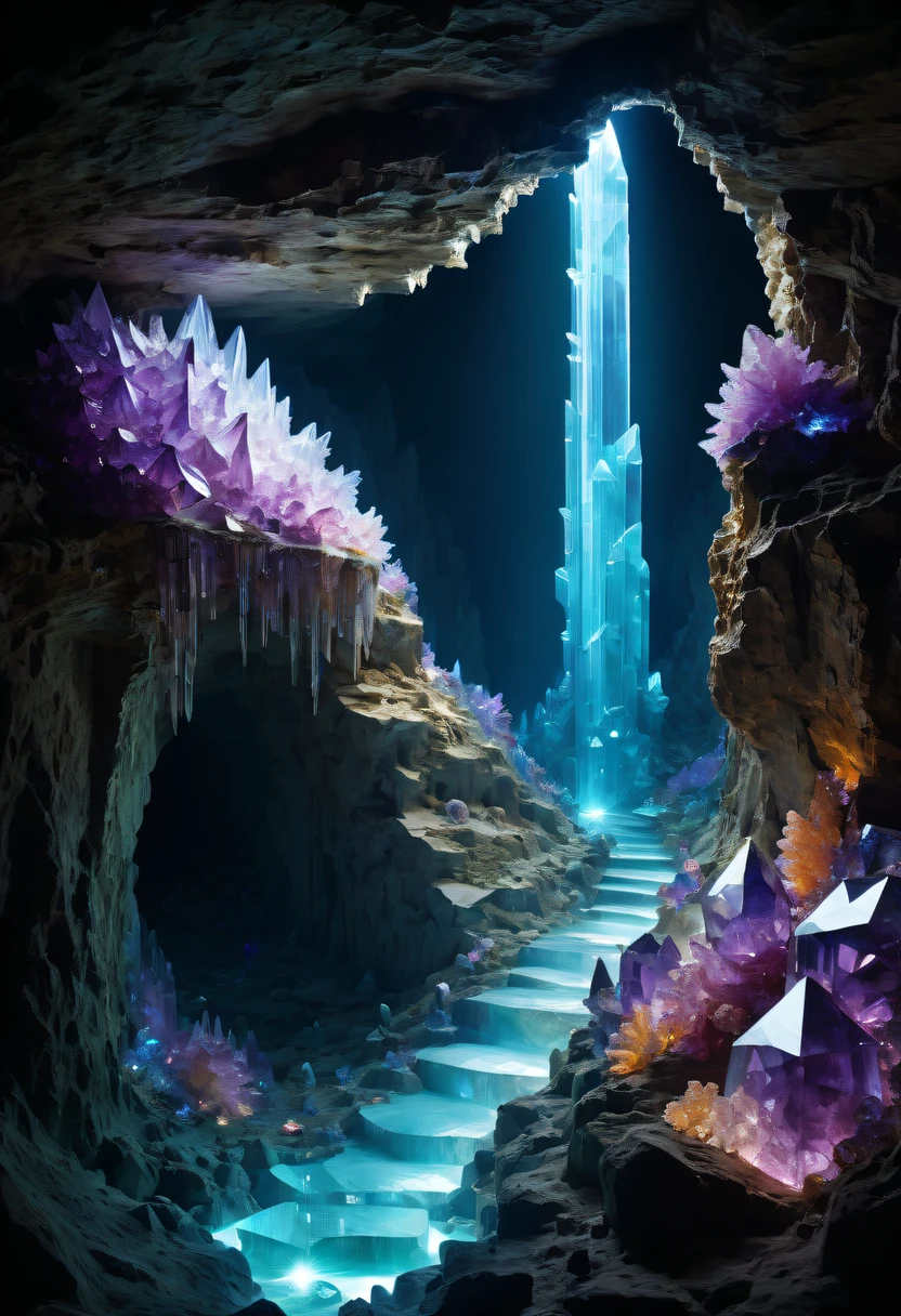 Fantasy cave walls made of mineral crystals,covered with precious crystals, crystal cluster, s fractal art,subsurface, exploration, Glowing crystal, fluorite crystal,associated mineral crystals , Enigmatic Atmosphere, Sparkling crystals, Natural Crystal, sparkling reflections, underground lake, Hidden treasure, mineral structure