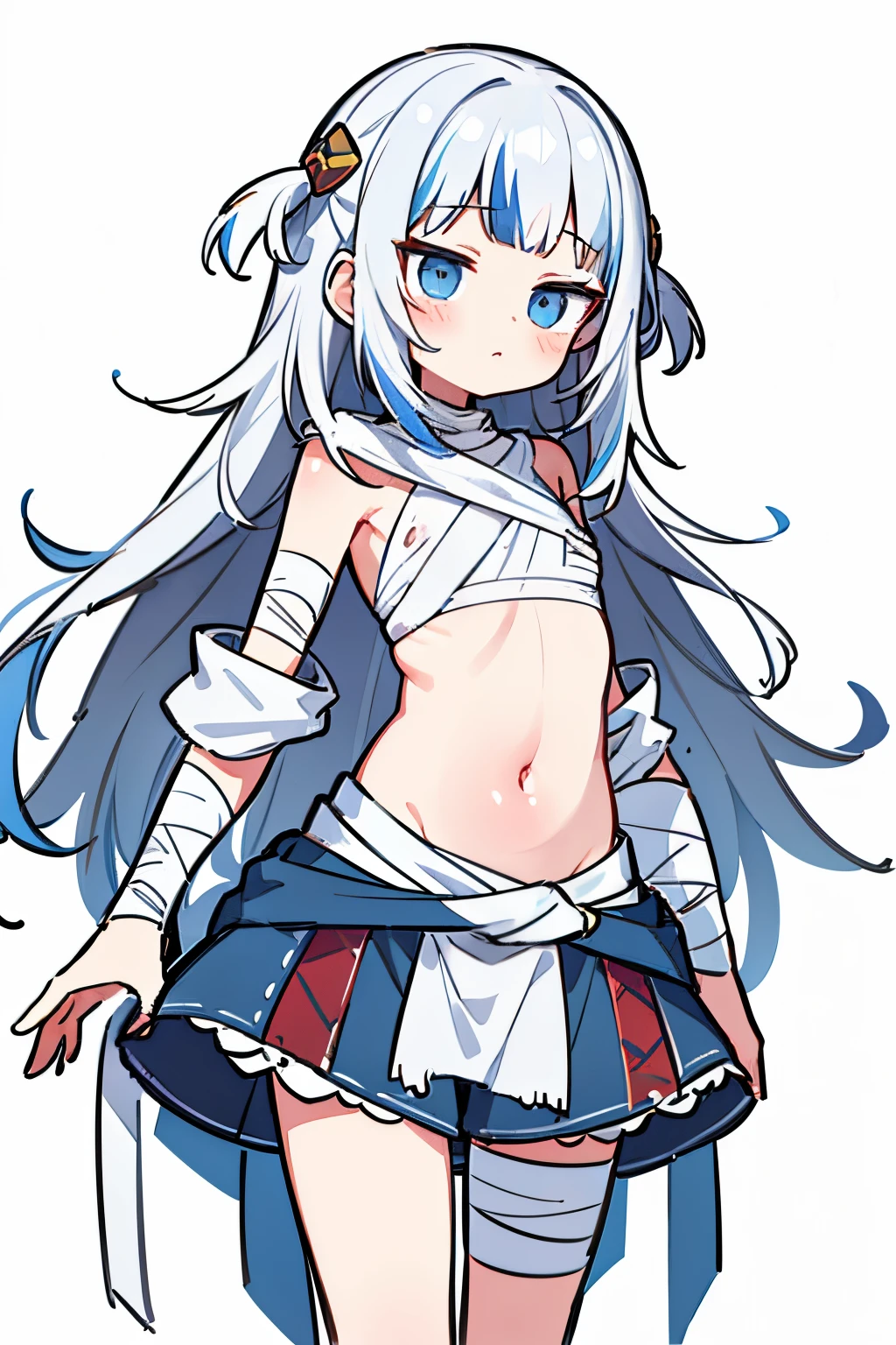 ((Gawr gura)), ((Masterpiece)), (Professional Photography:1.2), (High Definition:1.3), Adorable Girl, Very Kawaii, Round Face, Solo, Slim, Flat Chest, Short Stature, Glossy Skin, Shorts, BREAK, (a person with a bandaged stomach), (Bandage, Bandage Chest), (Bandaged Chest), (Bandage Body), (Bandaged Body), (Bandage Arm), (A woman dressed as a mummy:1.5), BREAK, Dynamic Pose, Dynamic Angle, No Background, White Background,