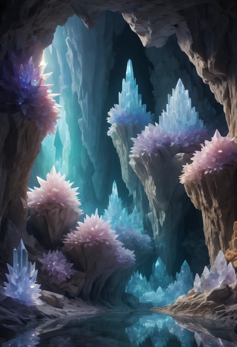 Fantasy cave walls made of mineral crystals，covered with precious crystals, crystal cluster， s fractal art，subsurface, exploration, Glowing crystal, fluorite crystal,associated mineral crystals , Enigmatic Atmosphere, Sparkling crystals, Natural Crystal, sparkling reflections, underground lake, Hidden treasure, mineral structure