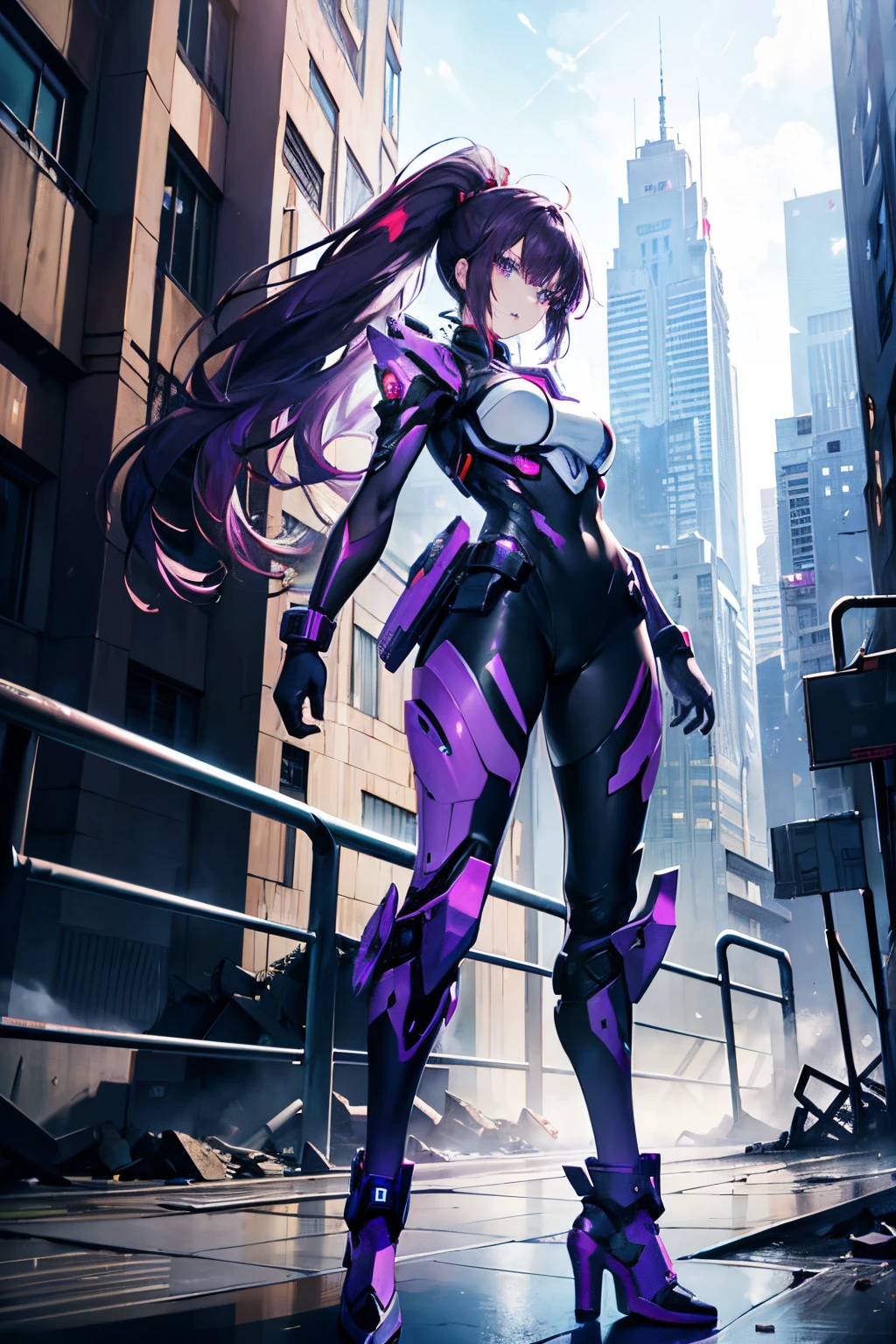 digital art, best quality, highly detailed, manga style, solid manga colors, 3/4 low angle angle camera, full-length body shot : stunning caucasian woman with long dark purple hair, ponytail, lipstick gloss, wearing a sci-fi thin exoskeleton gundam suit, colorfull, painted logos, standing tall hover a pile of broken walls, natural skin, natural textures, natural body posture, bokeh, futuristic destroyed city background, sharp contrast, perfect woman forms