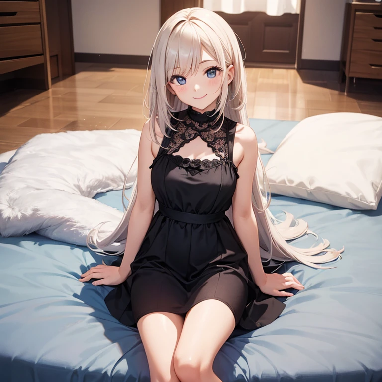 (best-quality:0.8), (masterpiece), very pale skin, long hair, blonde hair, light blue eyes, feminine, freckles, petite, lean, small body, small frame, indoors, bedroom, black nightgown, smiling