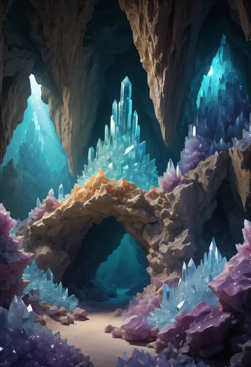 Fantasy cave walls made of mineral crystals，covered with precious crystals, crystal cluster， s fractal art，subsurface, exploration, Glowing crystal, fluorite crystal,associated mineral crystals , Enigmatic Atmosphere, Sparkling crystals, Natural Crystal, sparkling reflections, underground lake, Hidden treasure, mineral structure