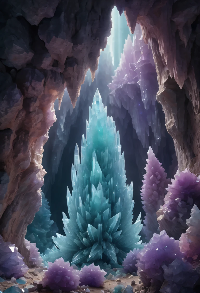 Fantasy cave walls made of mineral crystals，covered with precious crystals, crystal cluster， s fractal art，subsurface, exploration, Glowing crystal, fluorite crystal,associated mineral crystals , Enigmatic Atmosphere, Sparkling crystals, Natural Crystal, sparkling reflections, underground lake, Hidden treasure, mineral structure