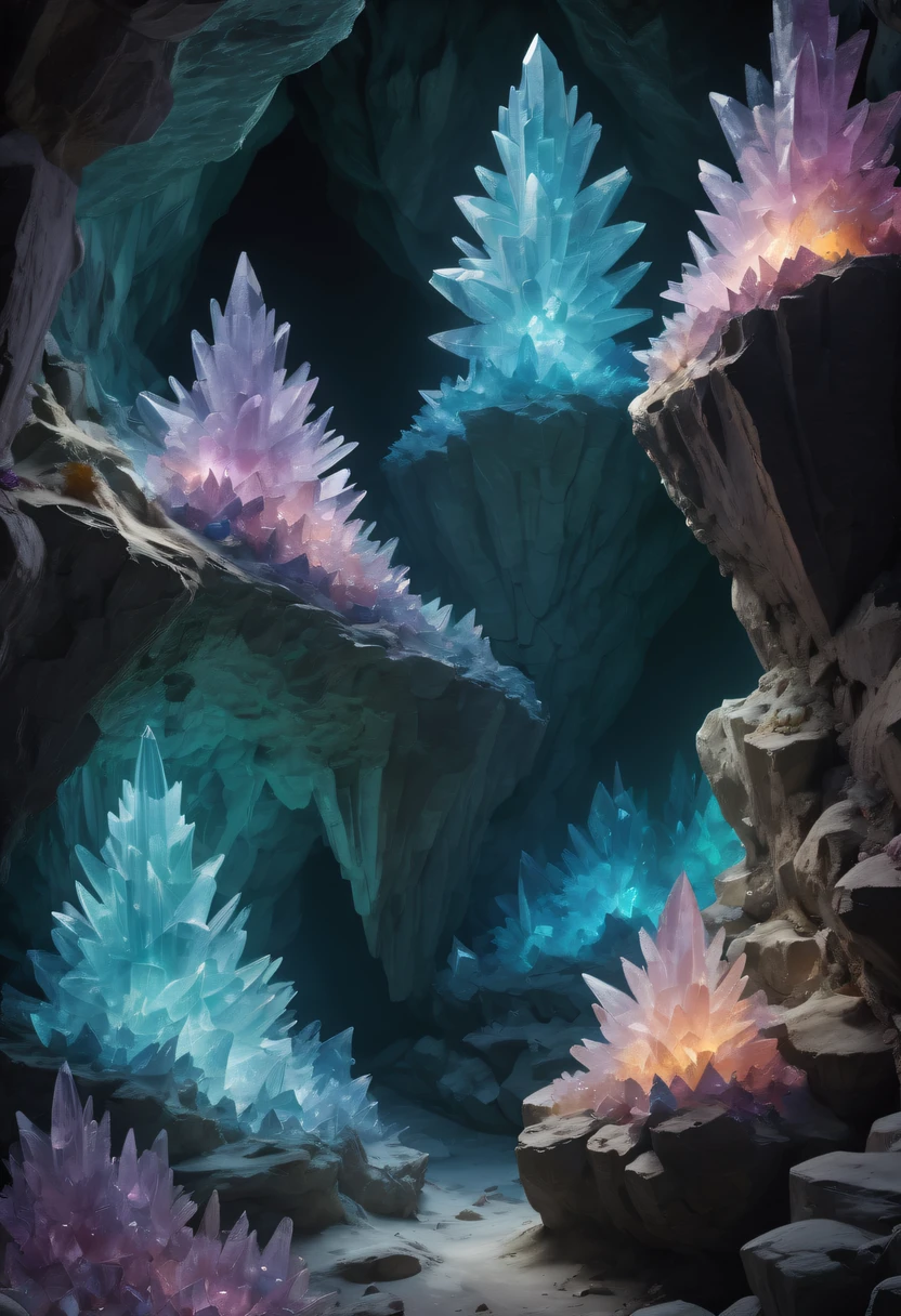 Fantasy cave walls made of mineral crystals，covered with precious crystals, crystal cluster， s fractal art，subsurface, exploration, Glowing crystal, fluorite crystal,associated mineral crystals , Enigmatic Atmosphere, Sparkling crystals, Natural Crystal, sparkling reflections, underground lake, Hidden treasure, mineral structure