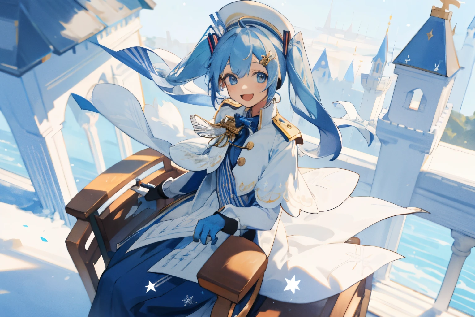 yukimiku2020, short hair, sitting on royal chair, smiling, looking at viewer, in castle