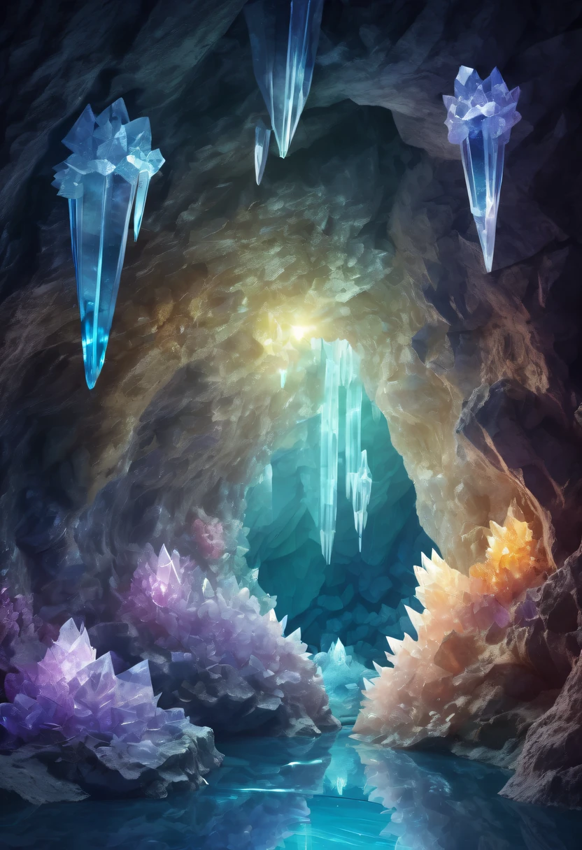 Fantasy cave walls made of mineral crystals,covered with precious crystals, crystal cluster, s fractal art,subsurface, exploration, Glowing crystal, fluorite crystal,associated mineral crystals , Enigmatic Atmosphere, Sparkling crystals, Natural Crystal, sparkling reflections, underground lake, Hidden treasure, mineral structure
