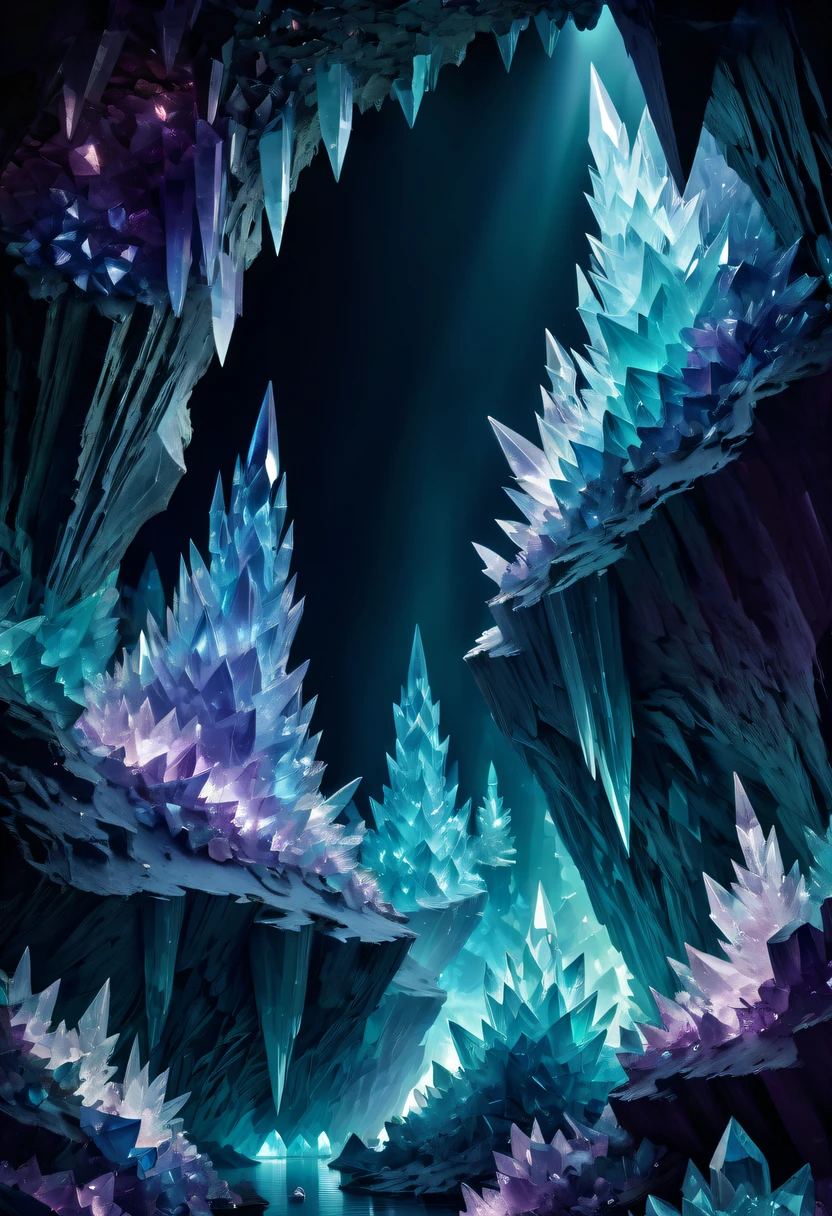 Fantasy cave walls made of mineral crystals，covered with precious crystals, crystal cluster， s fractal art，subsurface, exploration, Glowing crystal, fluorite crystal,associated mineral crystals , Enigmatic Atmosphere, Sparkling crystals, Natural Crystal, sparkling reflections, underground lake, Hidden treasure, mineral structure