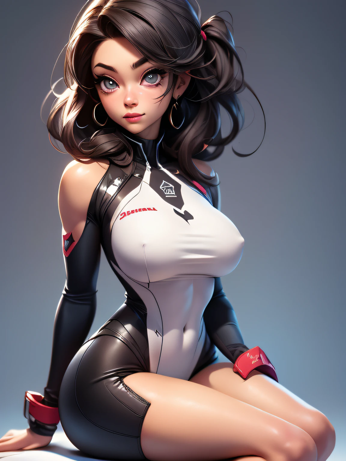 , perfect view, detailed Bodysuit, latex bodysuit high resolution, extremely delicate and beautiful,finely detailed eyes and detailed face,ultra detailed,  beautiful Photorealistic Sakura from Nikke, detailed, perfect details,detailed background, Ray Tracing, short black hair with bangs shiny skin, 1girl, virtual youtuber, solo, large breasts, thighhighs, black hair, braid, hairclip, smile, looking at viewer, hair ornament, large breasts, sitting, blush, beautiful eyes, straight hair, bangs, cameltoe, bare shoulders, thighs, perfect hands perfect fingers perfect breasts perfect shape thick thighs small waist highly detailed hyperrealism photorealistic, super thick body curvy plump six pack abs ripped excellent body  advanced machine learning and data science to create the perfect image