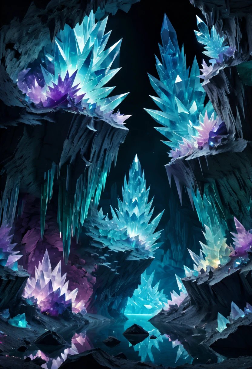 Fantasy cave walls made of mineral crystals,covered with precious crystals, crystal cluster, s fractal art,subsurface, exploration, Glowing crystal, fluorite crystal,associated mineral crystals , Enigmatic Atmosphere, Sparkling crystals, Natural Crystal, sparkling reflections, underground lake, Hidden treasure, mineral structure