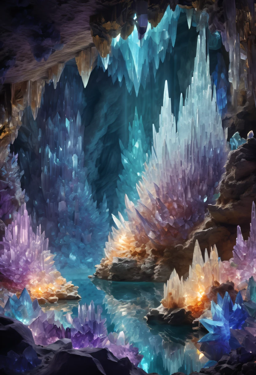 Fantasy cave walls made of mineral crystals，covered with precious crystals, crystal cluster， s fractal art，subsurface, exploration, Glowing crystal, fluorite crystal,associated mineral crystals , Enigmatic Atmosphere, Sparkling crystals, Natural Crystal, sparkling reflections, underground lake, Hidden treasure, mineral structure