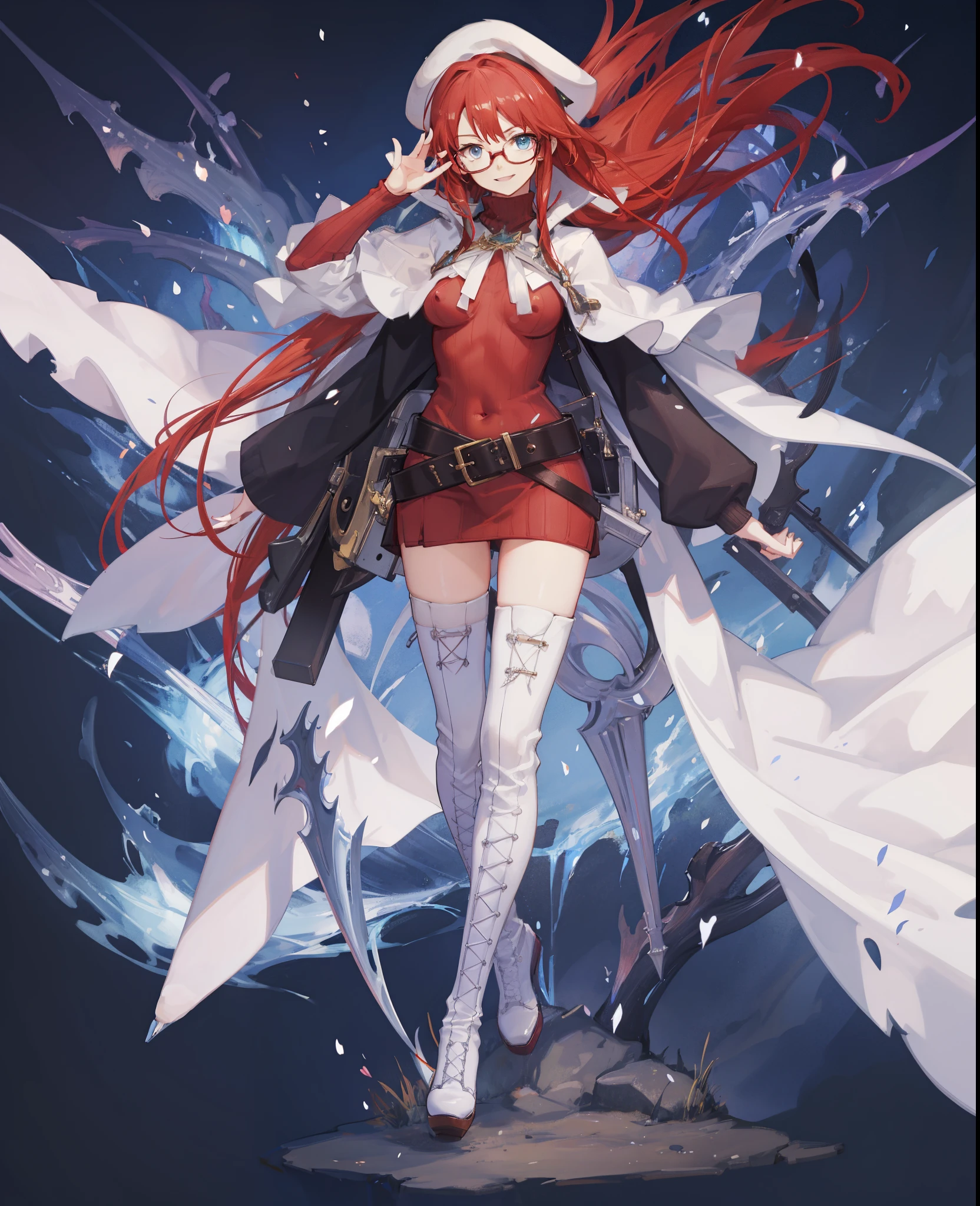 summonnightaty, aty, long hair, blue eyes, red hair, beret, hat, glasses,
BREAK long hair, thighhighs, hat, dress, boots, glasses, belt, cape, sweater, zettai ryouiki, beret, thigh boots, white footwear, ribbed sweater, loose belt,,
BREAK outdoors, fantasy_town,
BREAK (masterpiece:1.2), best quality, high resolution, unity 8k wallpaper, (illustration:0.8), (beautiful detailed eyes:1.6), extremely detailed face, perfect lighting, extremely detailed CG, (perfect hands, perfect anatomy),(covered_nipples:1.3),covered_navel,light_smile,dynamic_posing,(half_eyes:1.2),light_open_mouth,sword,