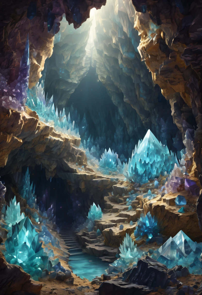 Fantasy cave walls made of mineral crystals，covered with precious crystals, crystal cluster， s fractal art，subsurface, exploration, Glowing crystal, fluorite crystal,associated mineral crystals , Enigmatic Atmosphere, Sparkling crystals, Natural Crystal, sparkling reflections, underground lake, Hidden treasure, mineral structure