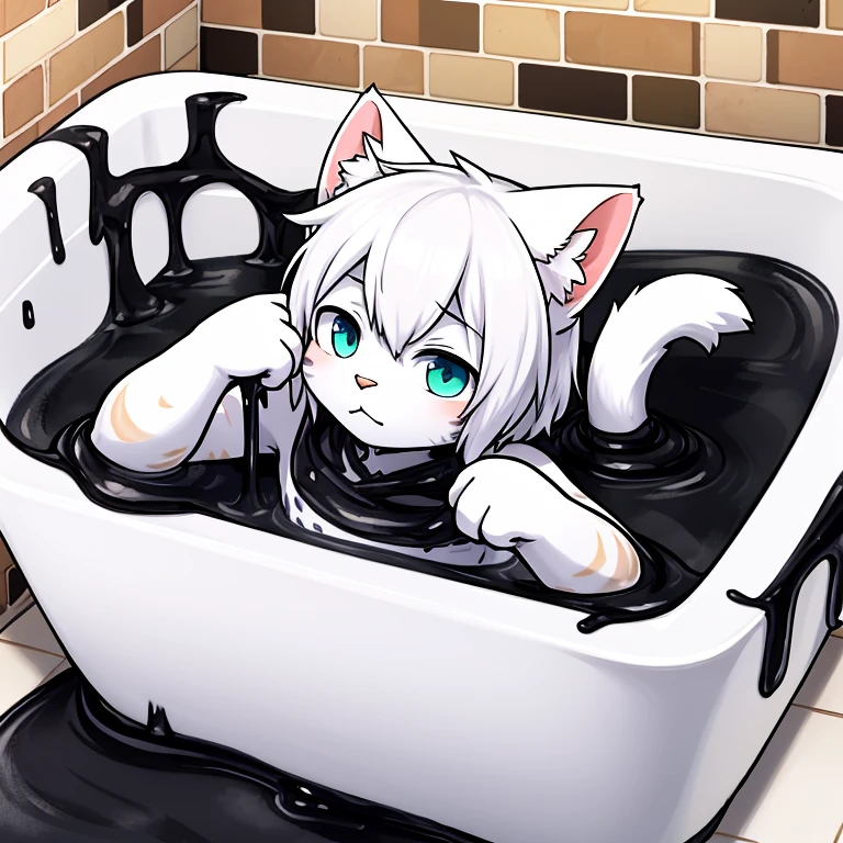 a male white cat，Only the head  exposed in a bucket filled with black slime，Covered with mucus，slimes，white cat，collars，Covered with mucus，sink into（（full of black goo））