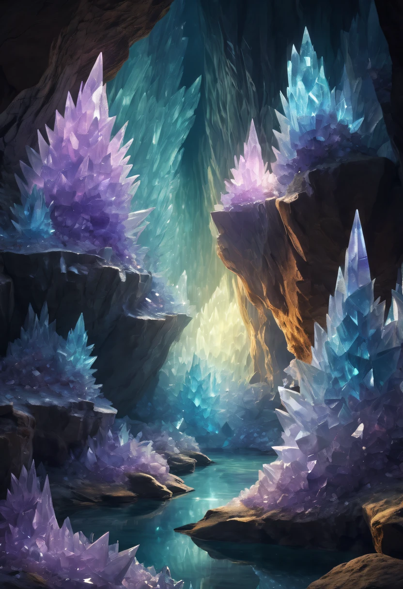 Fantasy cave walls made of mineral crystals，covered with precious crystals, crystal cluster， s fractal art，subsurface, exploration, Glowing crystal, fluorite crystal,associated mineral crystals , Enigmatic Atmosphere, Sparkling crystals, Natural Crystal, sparkling reflections, underground lake, Hidden treasure, mineral structure