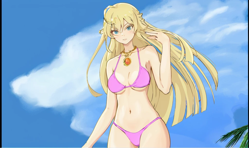 anime girl in a bikini with a necklace on her neck,  wearing a swimsuit, blonde anime girl with long hair, blonde - haired princess, attire: bikini, goddess of summer, princess 'kida' kidagakash, anime goddess, full body:: sunny weather::, cel - shaded art style, a human-like juicy peach, in a bikini