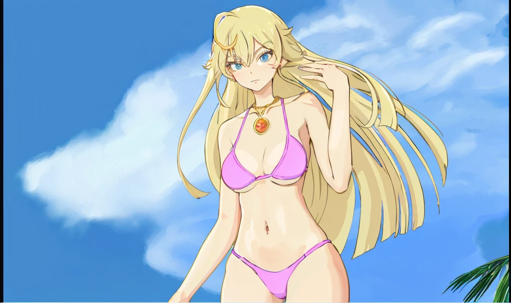 adult blonde female with blue eyes and pink bikini and red necklace with sky in the background and small tree