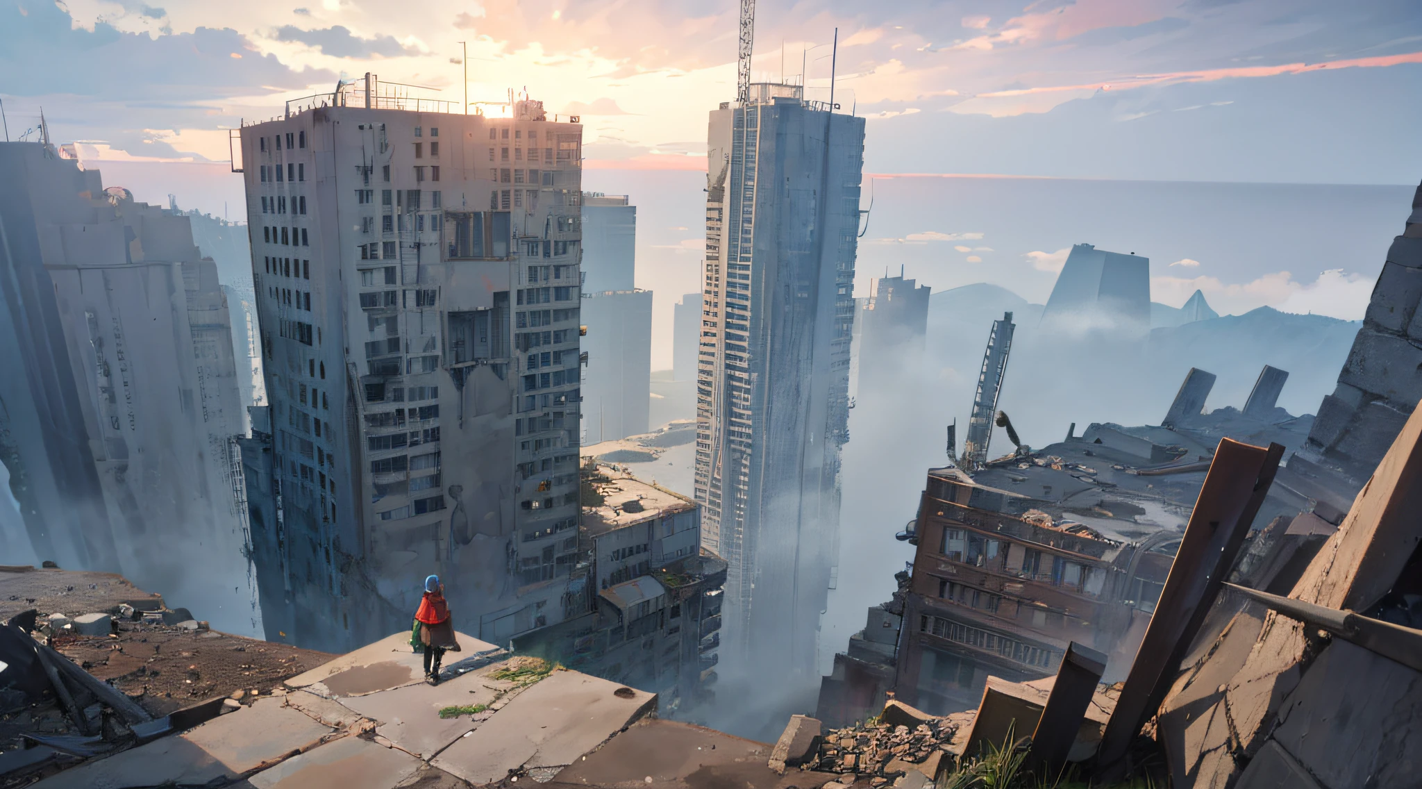 Abandoned city with a large crater, Foggy, One person