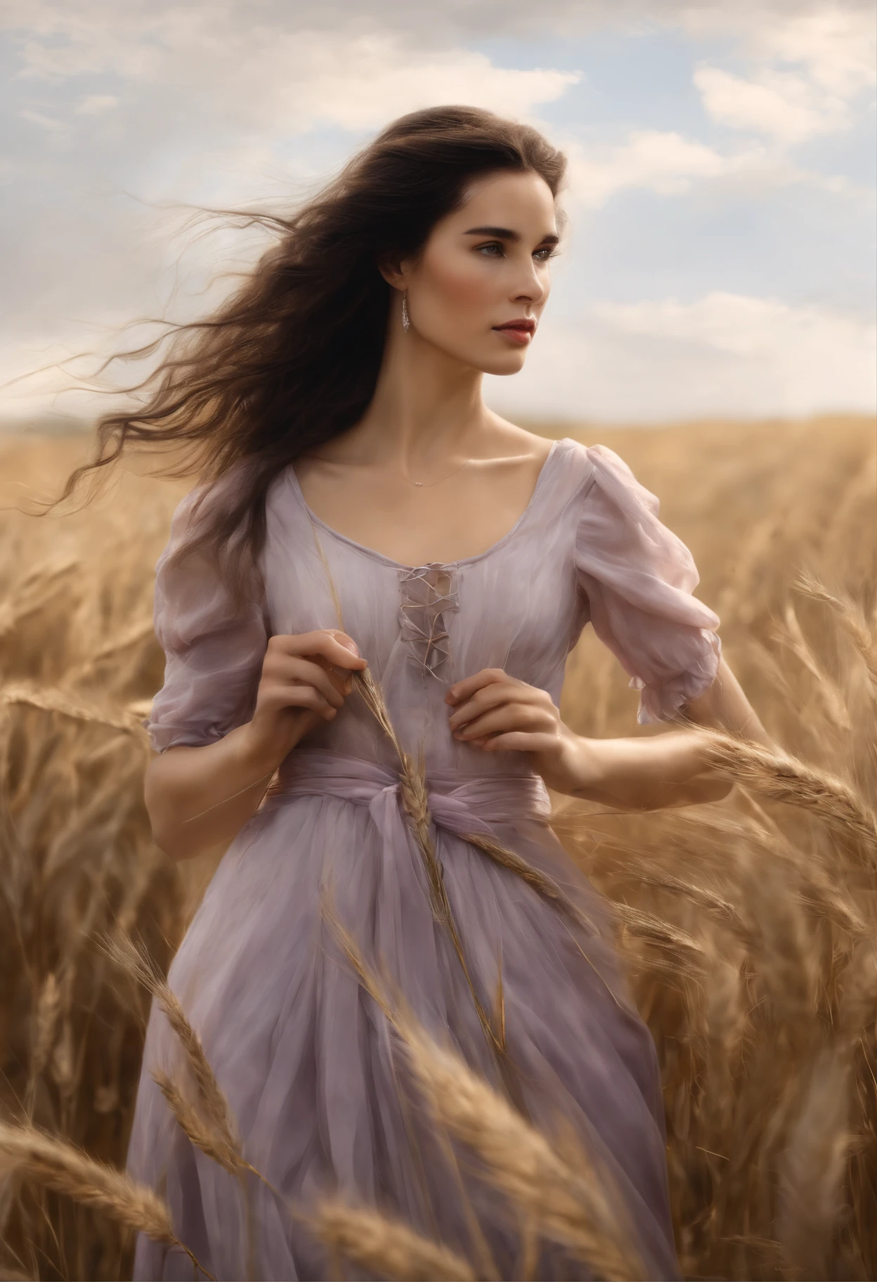 真实感, dark fantasy style, John Tolkien style, Small painting by Jean-Baptiste Monge, Soft facial features,Rocker Girl , Human Hand, Very clear, Without flaws, five fingers, hugs the horse&#39;s neck, with bright makeup, Modern style, a little full, fat, slight excess weight, Average height, dark pink lips, lip shape"bow" ,"Cool eyebrows in the shape of Angryburts, light gray eyes, large almond-shaped eyes, looking at away, black long wavy hair, hair blowing in wind ,In an airy lilac dress, In sandals..., Standing next to a horse, early morning, Wheat field, Jean-Baptiste Monge, anthropomorphic --ar 2:3 --testp -optimistic;