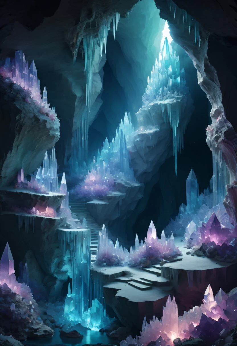 Fantasy cave walls made of mineral crystals，covered with precious crystals, crystal cluster， s fractal art，subsurface, exploration, Glowing crystal, fluorite crystal,associated mineral crystals , Enigmatic Atmosphere, Sparkling crystals, Natural Crystal, sparkling reflections, underground lake, Hidden treasure, mineral structure