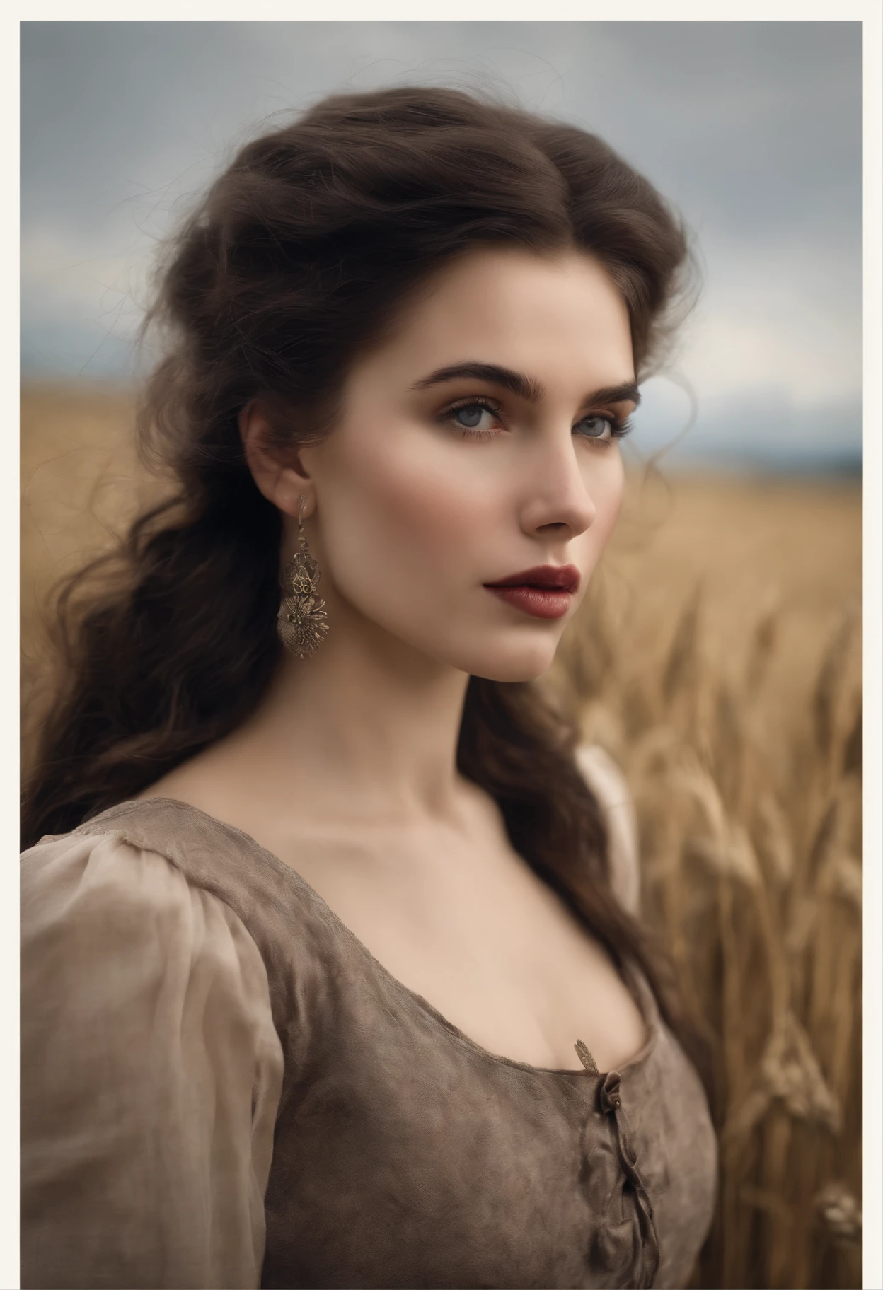 真实感, dark fantasy style, John Tolkien style, Small painting by Jean-Baptiste Monge, Soft facial features,Rocker Girl , Human Hand, Very clear, Without flaws, five fingers, hugs the horse&#39;s neck, with bright makeup, Modern style, a little full, fat, slight excess weight, Average height, dark pink lips, lip shape"bow" ,"Cool eyebrows in the shape of Angryburts, light gray eyes, large almond-shaped eyes, looking at away, black long wavy hair, hair blowing in wind ,In an airy lilac dress, In sandals..., Standing next to a horse, early morning, Wheat field, Jean-Baptiste Monge, anthropomorphic --ar 2:3 --testp -optimistic;