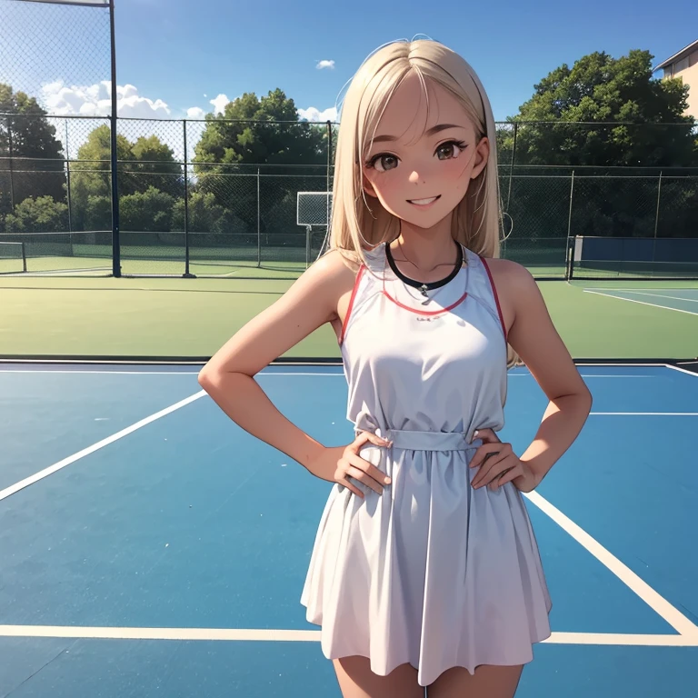 A 25 years old wearing tennis dress, standing at tennis court smiling face, looking at viewer