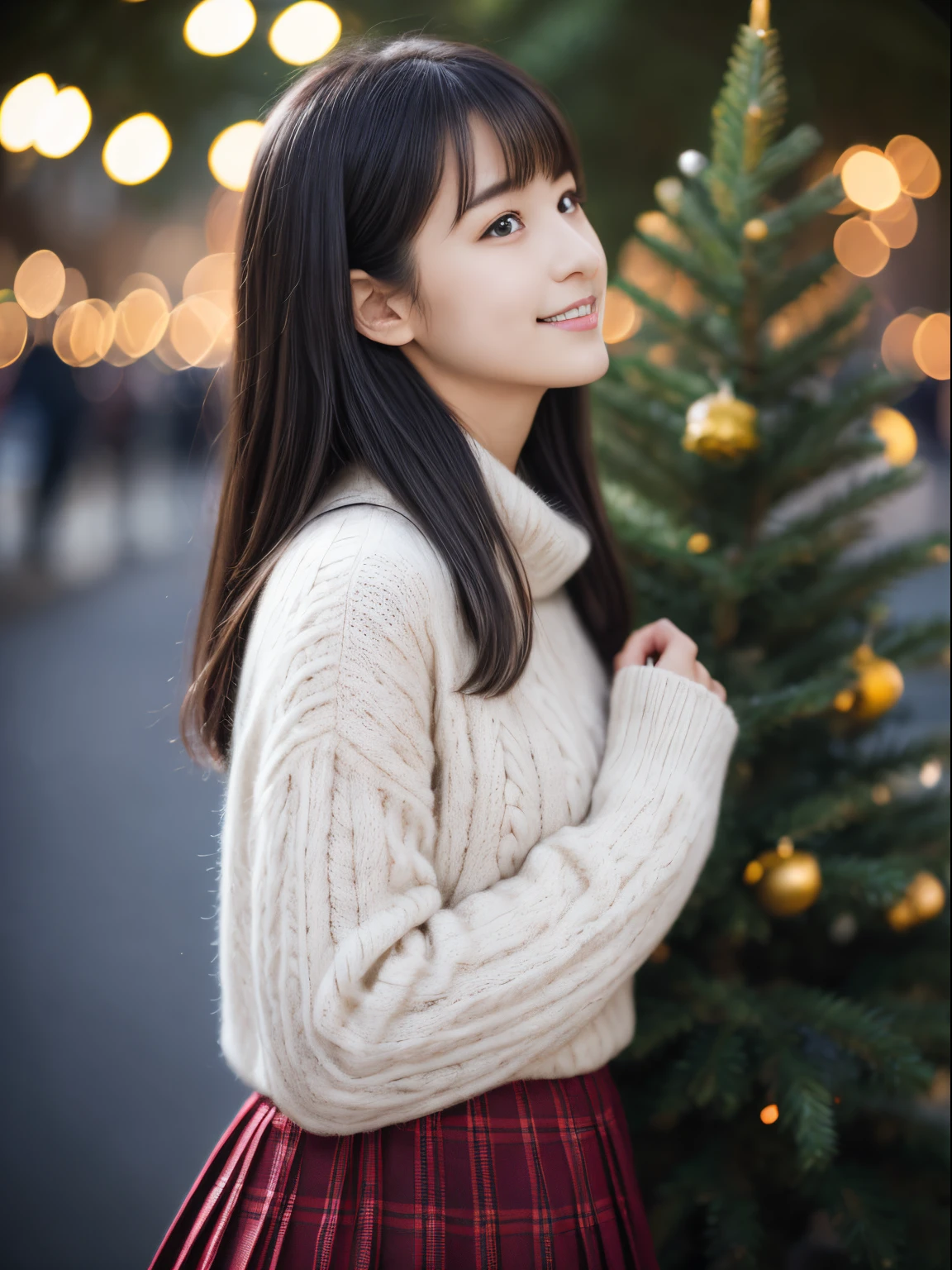 1girl in, 21years old、Gravure model for Japan, (cute little, a beauty girl,profile:1.2),Profile 1.1、Modest big,  𝓡𝓸𝓶𝓪𝓷𝓽𝓲𝓬, (looking up at the big christmas tree:1.5)、(A city with beautiful Christmas illuminations at night:1.3), (fluffy pink wool sweater:1.2),  red scarf, (Green Plaid Pleated Skirt),   A dark-haired、Pray、A smile、 Best Quality, hight resolution, Detailed skin, Detailed face and eyes, Hi-Res, Natural lighting, Perfect Anatomy, Physically-based rendering, Photorealistic, symmetric clear eyes, Well-groomed face,Teenage girl, Perfect figure, Transparency, hposing Gravure Idol,