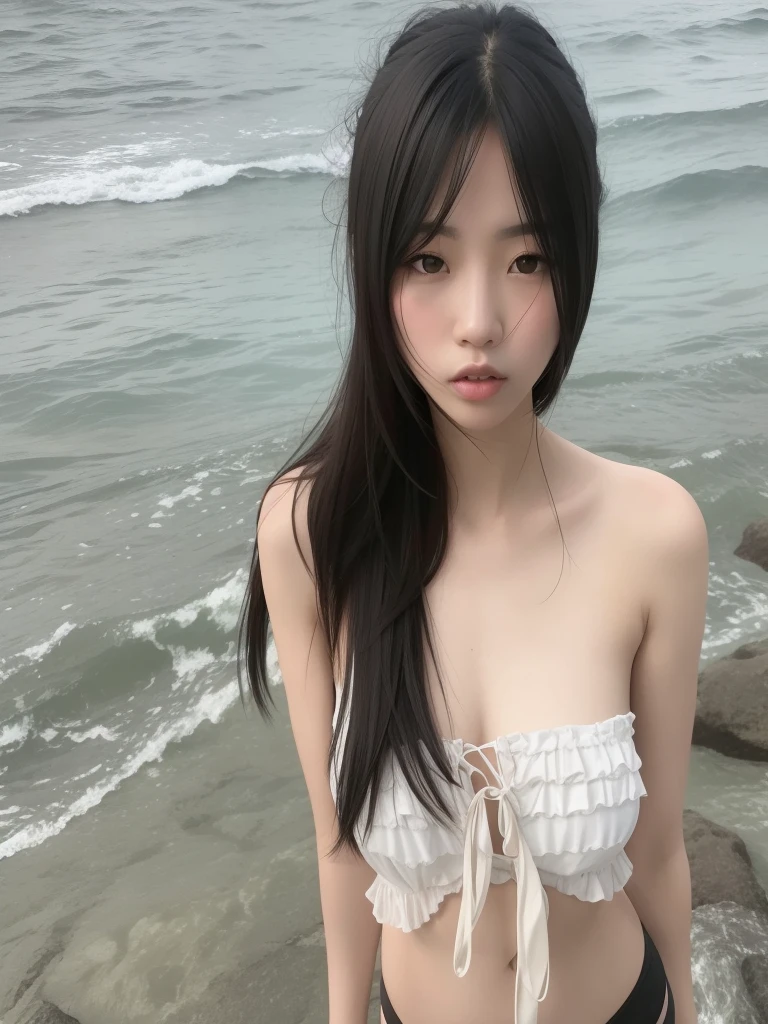 Fide asian woman in bikini posing on rocks near the sea, wearing two - piece swimsuit, xintong chen, wenfei ye, 2 4 year old female model, gorgeous chinese models, chengyou liu, photo of slim girl model,  in a bathing suit, qifeng lin, Cute bikini, Di Li Gerba, gorgeous young korean woman