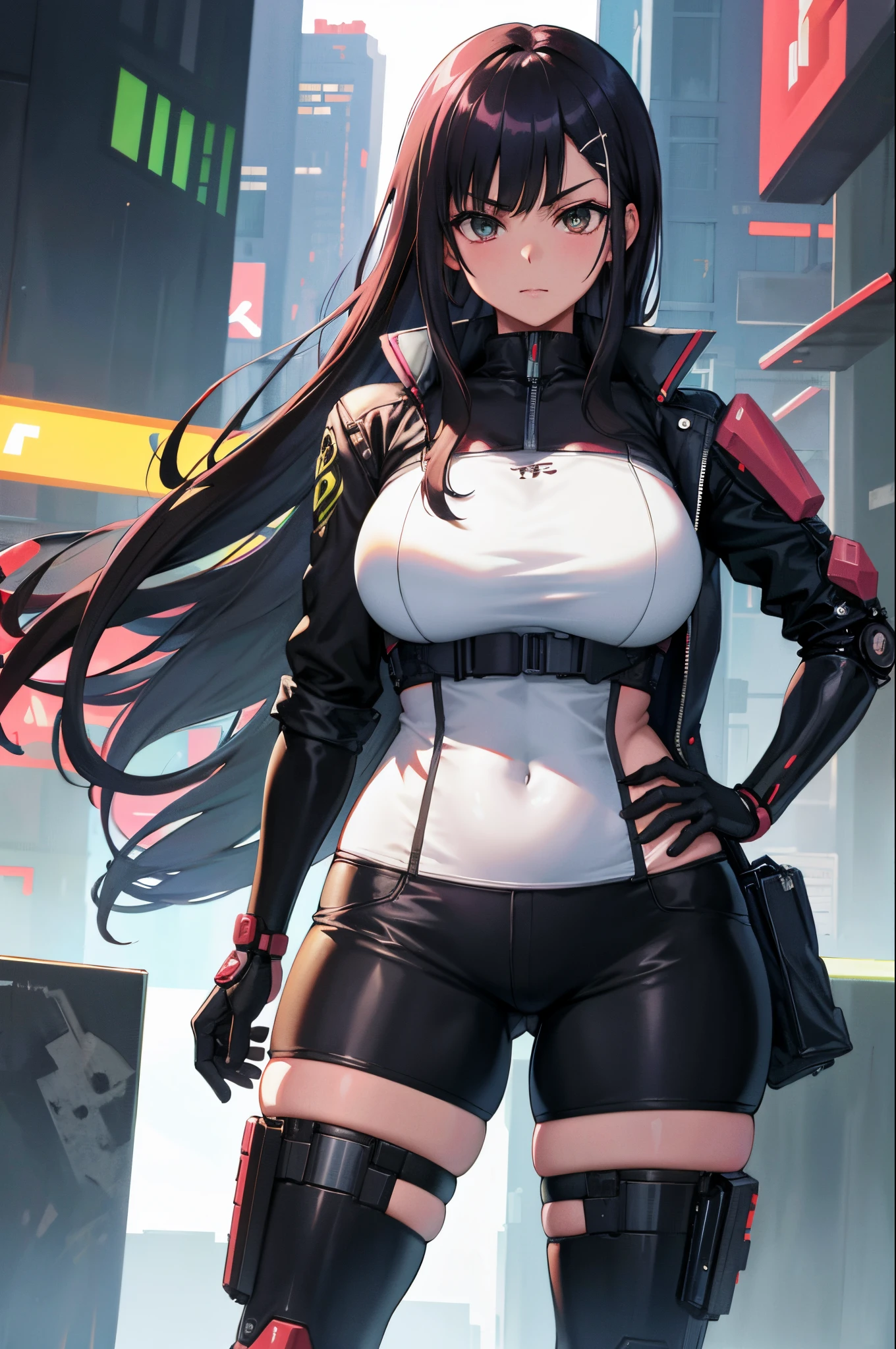 1 girl, straight hair, red eyes, black hair, long hair, ((forehead)), earrings, smug, light smile, blurry background, Shanghai, cyberpunk, cyber suit, neon lights, skyscrapers, night, headset, swords, helicopter, tall stature, tsurime, slum, rainy, raindrops, mature face, small face, looking down, dutch angle, gloves, pencil skirt, micro mini skirt, cameltoe, erect nipples, pepperoni nipples, big breasts, panties, pubic hair, see-through, garter belt, kicking, face painting, full body, torn clothes