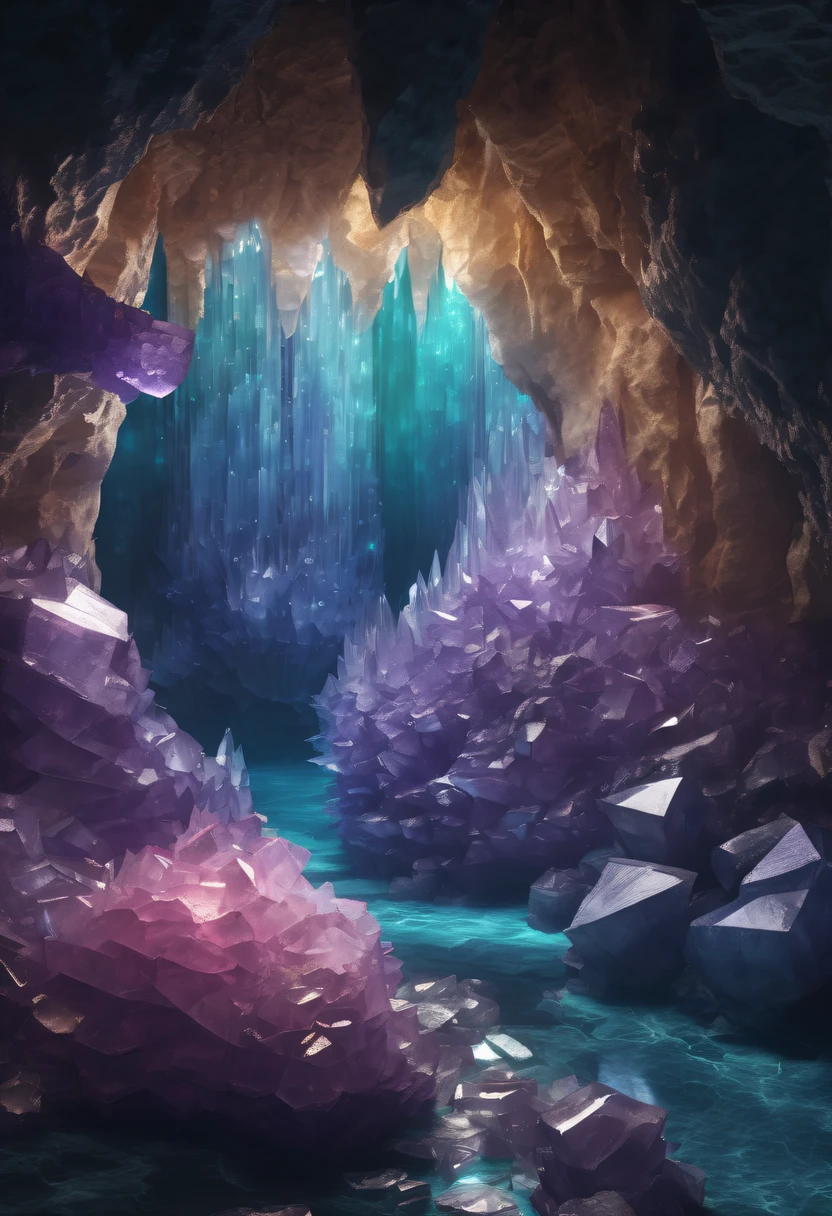 Fantasy cave walls made of mineral crystals,covered with precious crystals, crystal cluster, s fractal art,subsurface, exploration, Glowing crystal, fluorite crystal,associated mineral crystals , Enigmatic Atmosphere, Sparkling crystals, Natural Crystal, sparkling reflections, underground lake, Hidden treasure, mineral structure