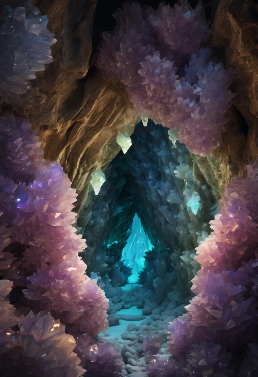 Fantasy cave walls made of mineral crystals，covered with precious crystals, crystal cluster， s fractal art，subsurface, exploration, Glowing crystal, fluorite crystal,associated mineral crystals , Enigmatic Atmosphere, Sparkling crystals, Natural Crystal, sparkling reflections, underground lake, Hidden treasure, mineral structure