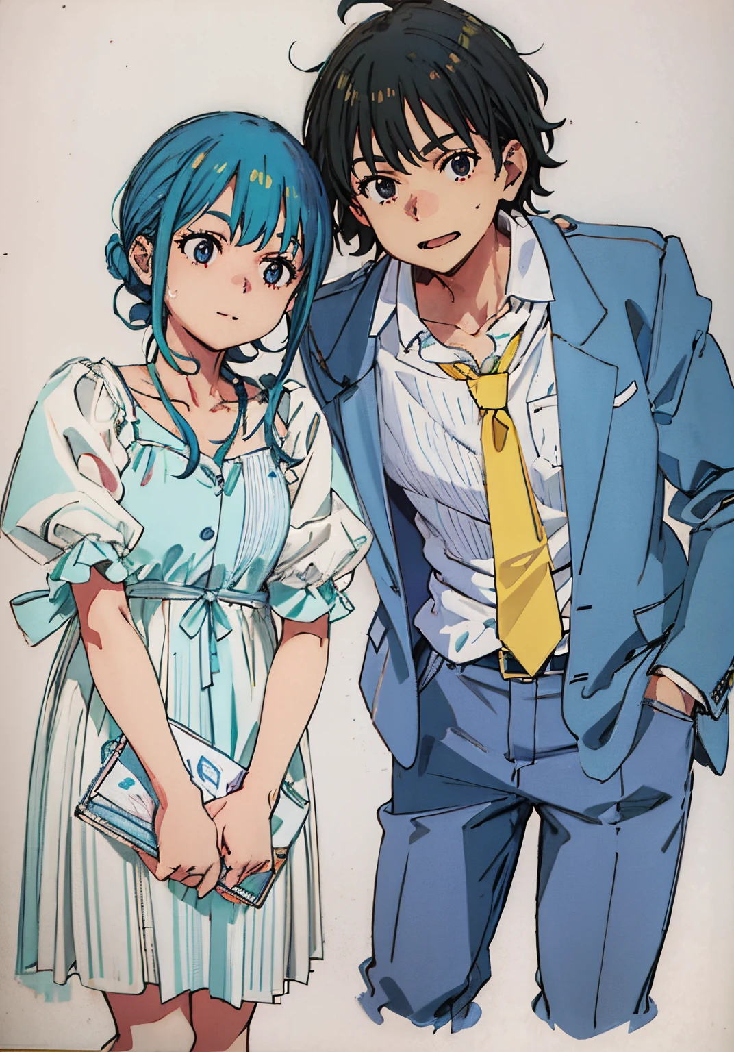 personagens de anime vestidos de azul e branco, um ao lado do outro, sorriso lindo, Directed by: Akira Toryama, garota sexy, vestido curto, rosto perfeito
