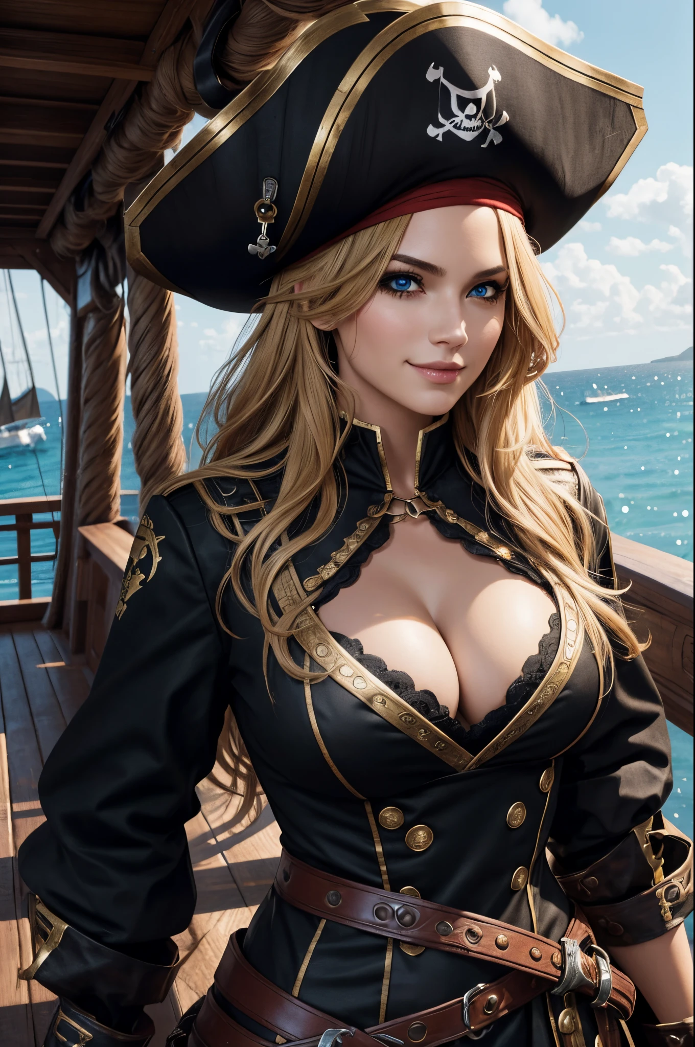 8K、Captain in black and gold pirate costume、Super beauty(Like the real thing)red and black big chest pirate costume、Realistic costume texture、Eye patch over one eye(A black)enchanted、Lifelike skin,looking at viewert,blue eyess,Blonde wavy hair,ultra-sexy,Beautiful Landscapes,Super High Resolution,reallistic,super detailing,ultra -detail,On the deck of a pirate ship,a smile,super sexy super,Emphasizes cleavage,