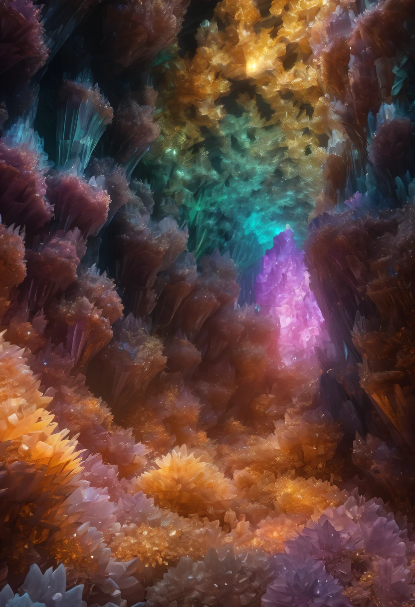 Fantasy cave walls made of mineral crystals,covered with precious crystals, crystal cluster, s fractal art,subsurface, exploration, Glowing crystal, fluorite crystal,associated mineral crystals , Enigmatic Atmosphere, Sparkling crystals, Natural Crystal, sparkling reflections, underground lake, Hidden treasure, mineral structure