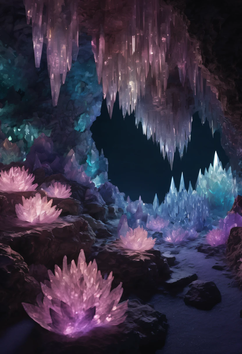 Fantasy cave walls made of mineral crystals,covered with precious crystals, crystal cluster, s fractal art,subsurface, exploration, Glowing crystal, fluorite crystal,associated mineral crystals , Enigmatic Atmosphere, Sparkling crystals, Natural Crystal, sparkling reflections, underground lake, Hidden treasure, mineral structure