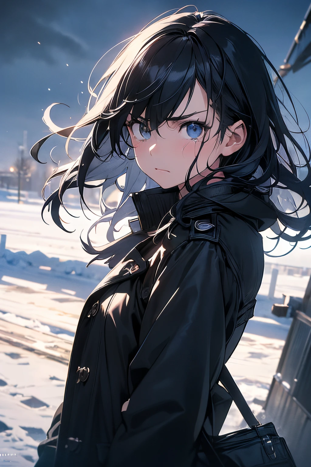 prompt:scene:0.9, (masterpiece), (((ultra detailed, 8k quality))), high quality, 1girl, black winter coat, angry, tears, cold, dark blue hair, dark black eyes, shaded face, hair in eyes, ((depressing)), ((torso)), ((facing viewer)), (wind in hair)